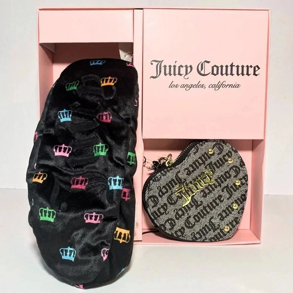Juicy Couture Logo Print Heart Wristlet Bag & Crown Print Slippers Footies Set - Picture 3 of 5